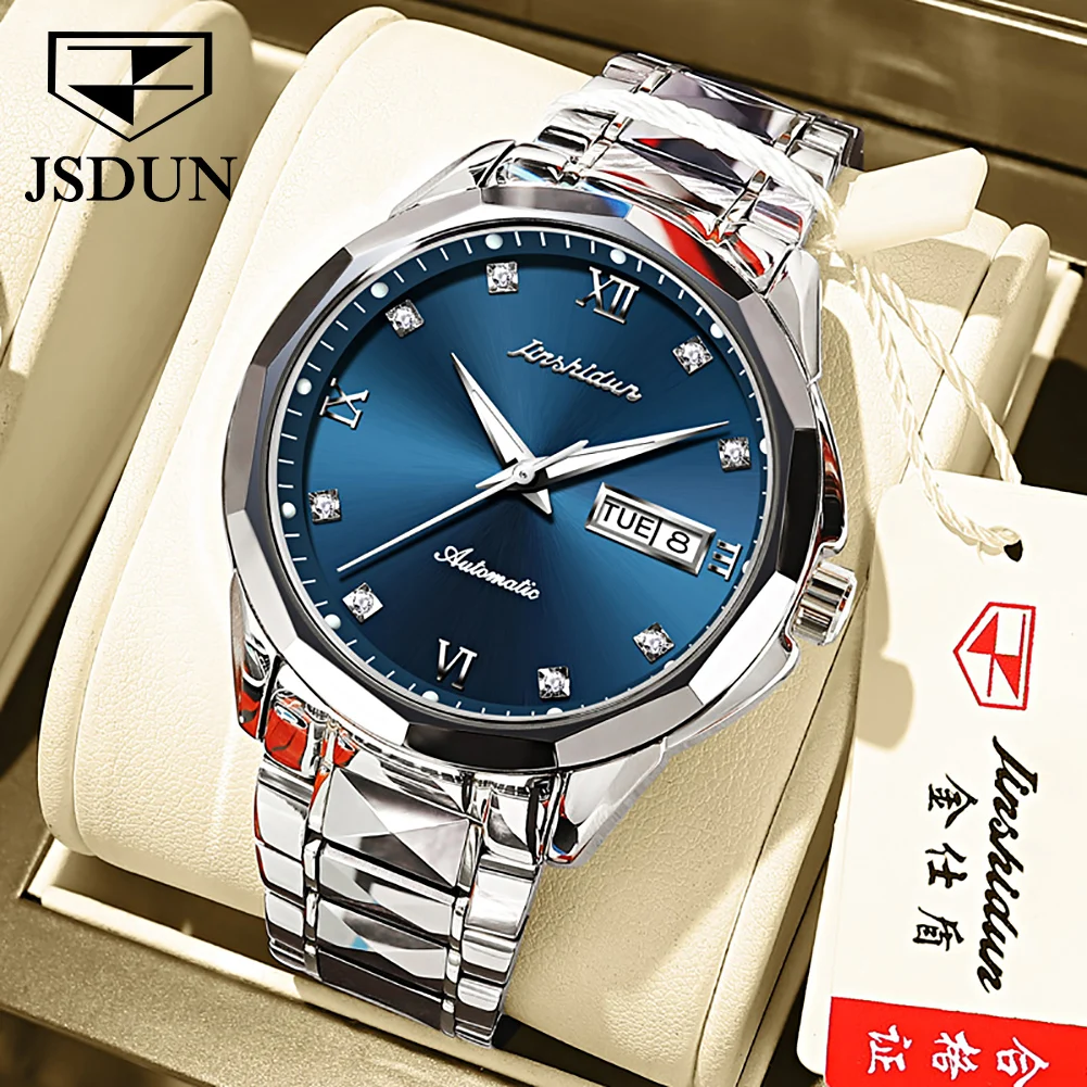 JSDUN Automatic Watch Men Original Luxury Tungsten Steel Strap Sapphire Mirror Waterproof Male Wristwatch Gift for Husband 8813