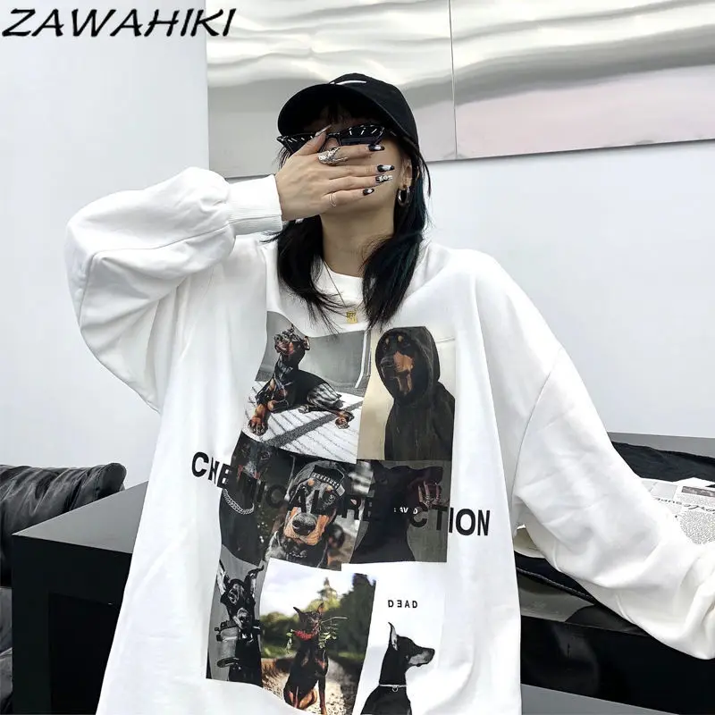 

ZAWAHIKI T Shirt Women Spring Fall Loose Long Sleeve Letter Dog Print Chic Designed Fashion Streetwear Cool Girls Chic Tops