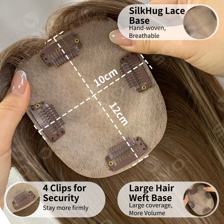 Topper per capelli umani lisci con riflessi per donna 10x12CM, base in pelle con 4 clip, capelli veri traspiranti - immagine 2