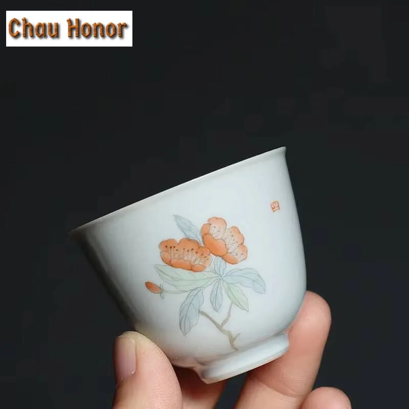 30ml Pure Hand-painted Hibiscus Teacup Tea Bowl Beautiful Tea Cup Tea-tasting Fragrance Cup Jianzhan Master Cups Tea Services