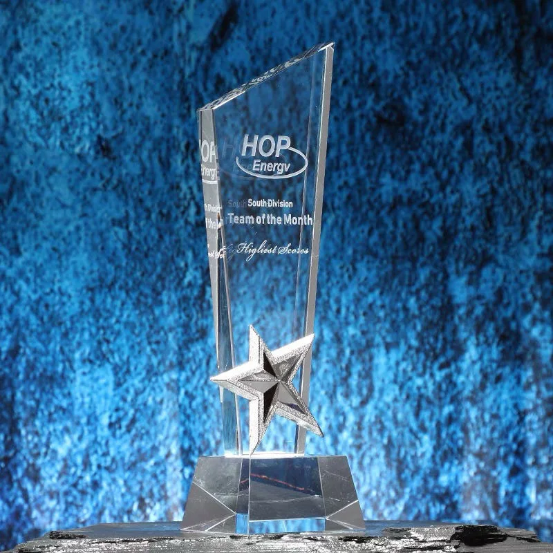 Customized Transparent Crystal Trophy, Gold Silver Copper, Five-Star, Excellent Staff Award, Home Decoration, 1Pc