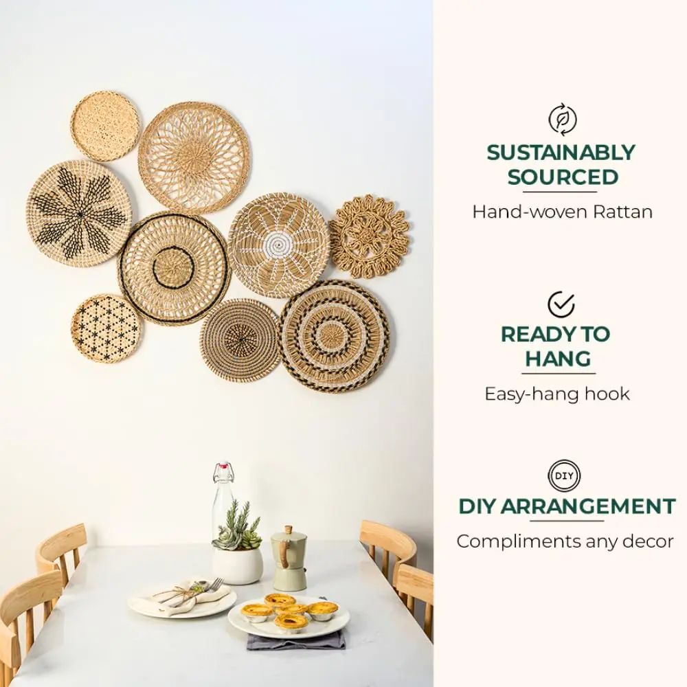 Wanddecoratieset van 9 Boho Home Decorations Rotan Wanddecoratie Rieten mand Hangende muurmanden Decoratieve platen voor de muur  15