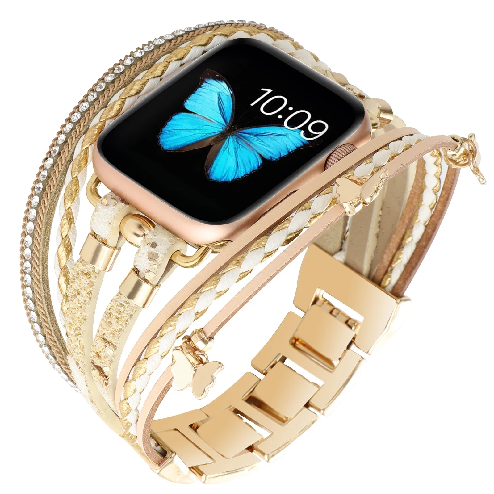 Metal+Leather Strap for Apple Watch 9 8 7 45mm 41mm Ultra2 49mm Women Jewelry Wristband for Iwatch 6 5 4 3 SE44mm 42mm 40mm Belt