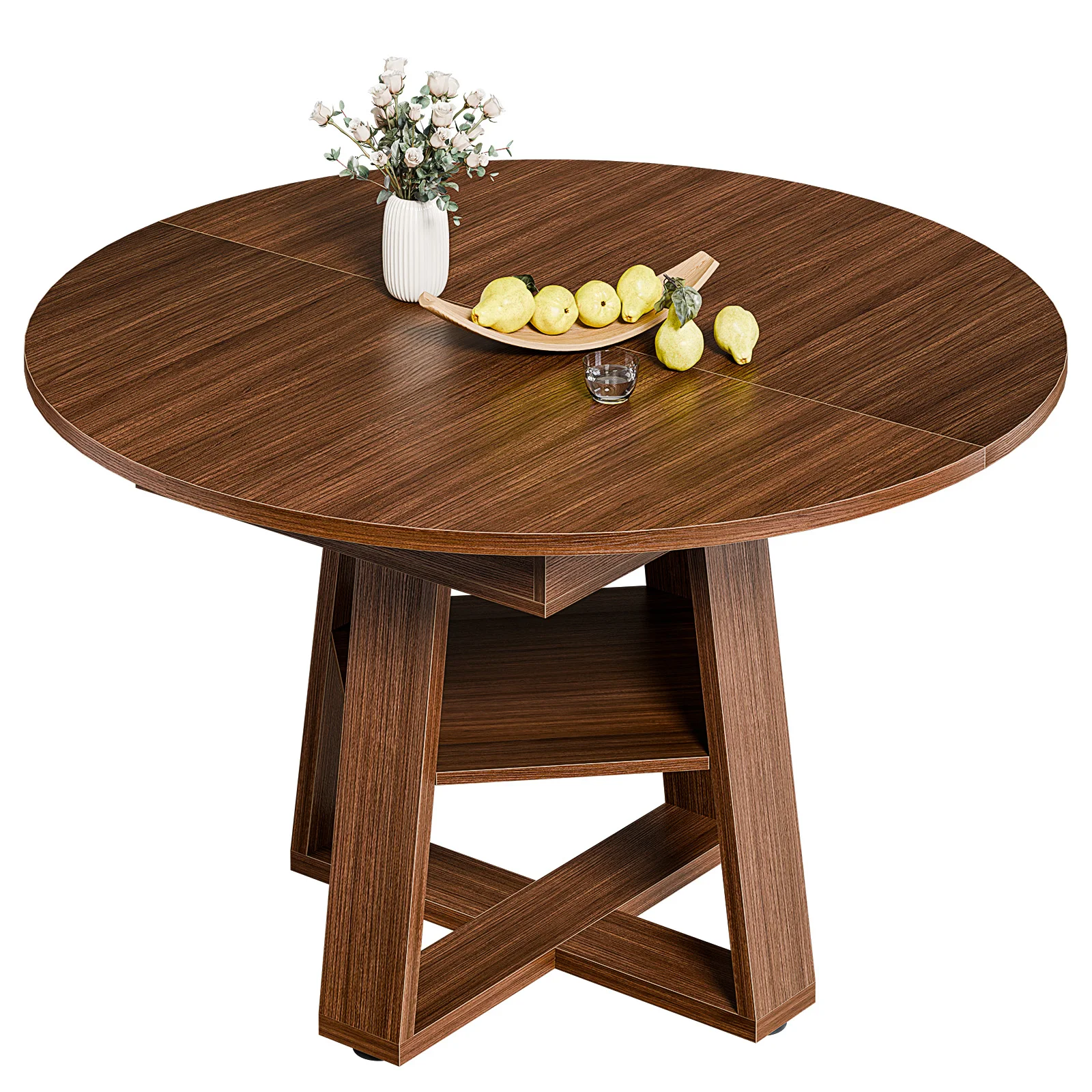 Extendable Wood Round Dining Table Oval Kitchen Storage Shelf Pedestal Base
