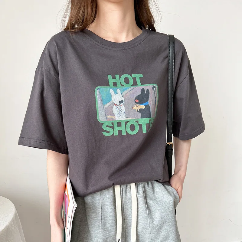 

Cartoon printed short-sleeved T-shirt women's trendy 2023 summer Korean version of pure cotton loose design tops