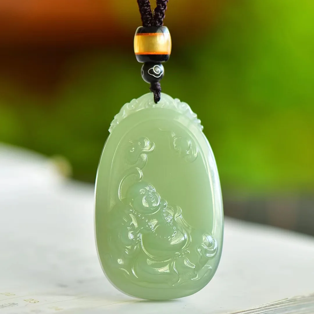 

Hetian Cyan and White Jade Happy Maitreya Buddha Pendant Good Luck, Longevity and Health 1510#