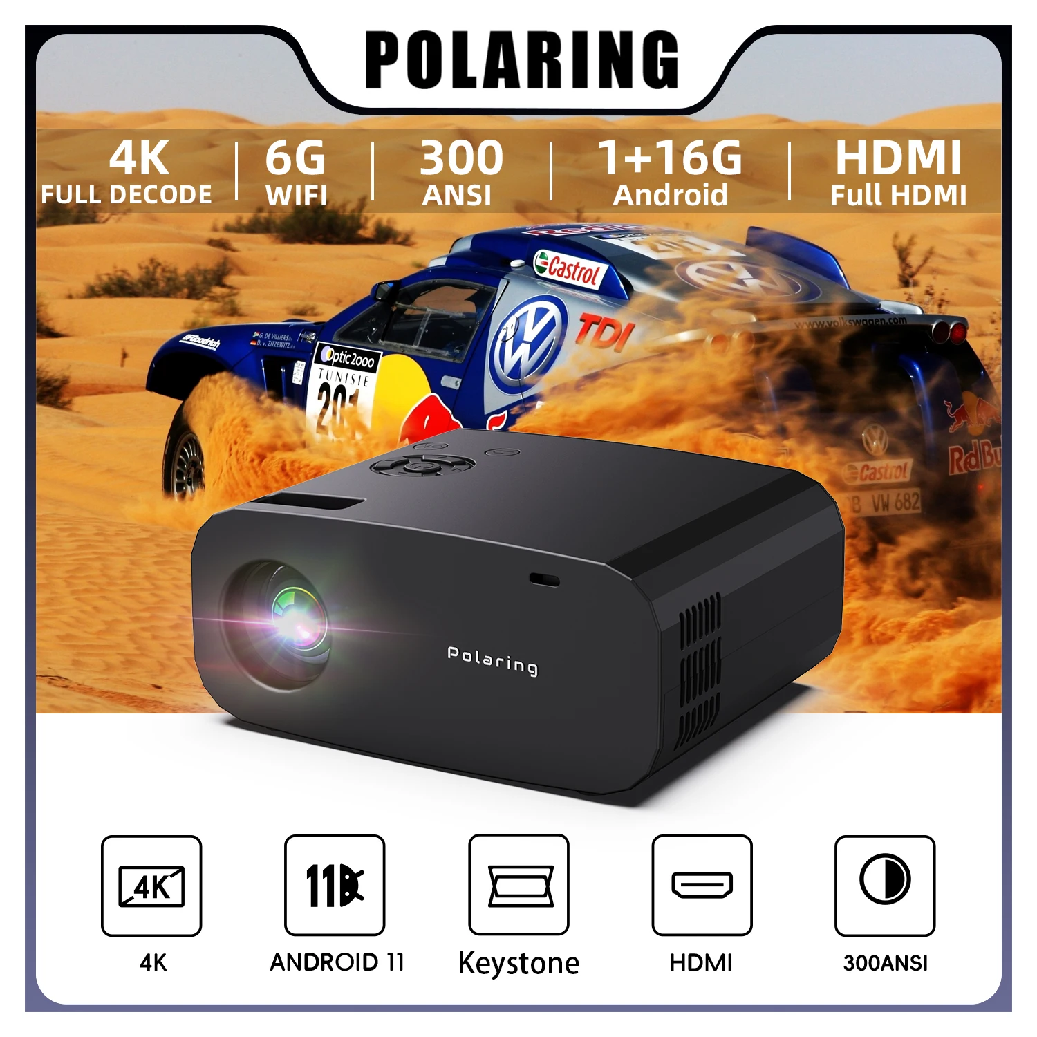 Polaring P7 Pro  16G Android Projector 1080P Projector Full Decode 4K Projetor Dual 6G Wifi BT 300Ansi  Keystone HDMI Proyector