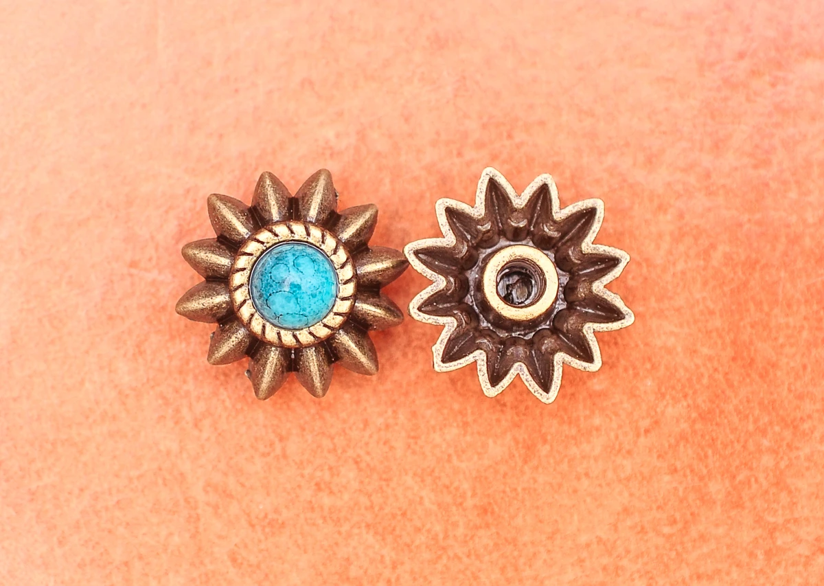 20 stücke 13mm Messing westlichen ethnischen Blumen stern schwarz türkis Conchos Spikes Niet Nieten für Leder Handwerk Gürtel Ledertasche Dekor – Detail 5