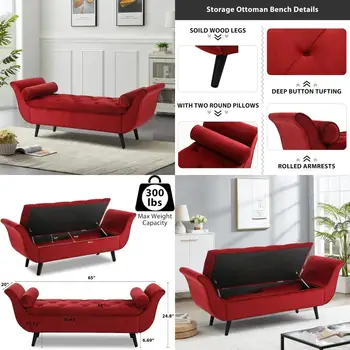 65" Velvet Button-Tufted Storage Bench with Arms 1