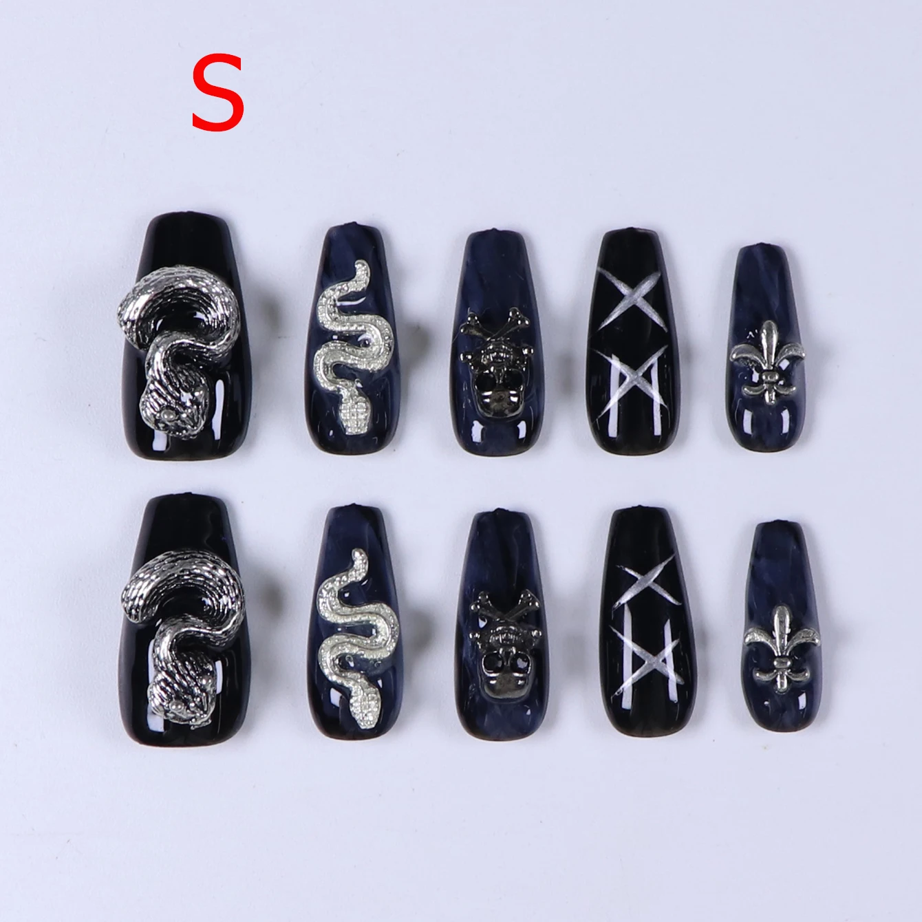 10-teiliges kurzes schwarzes künstliches Nagelset mit vollständiger Abdeckung – zum Aufdrücken der Nägel, Schleife-Design – 1-teiliges Nagelfeile und 1 Nagelkleber-Aufkleber-Set – Detail 6