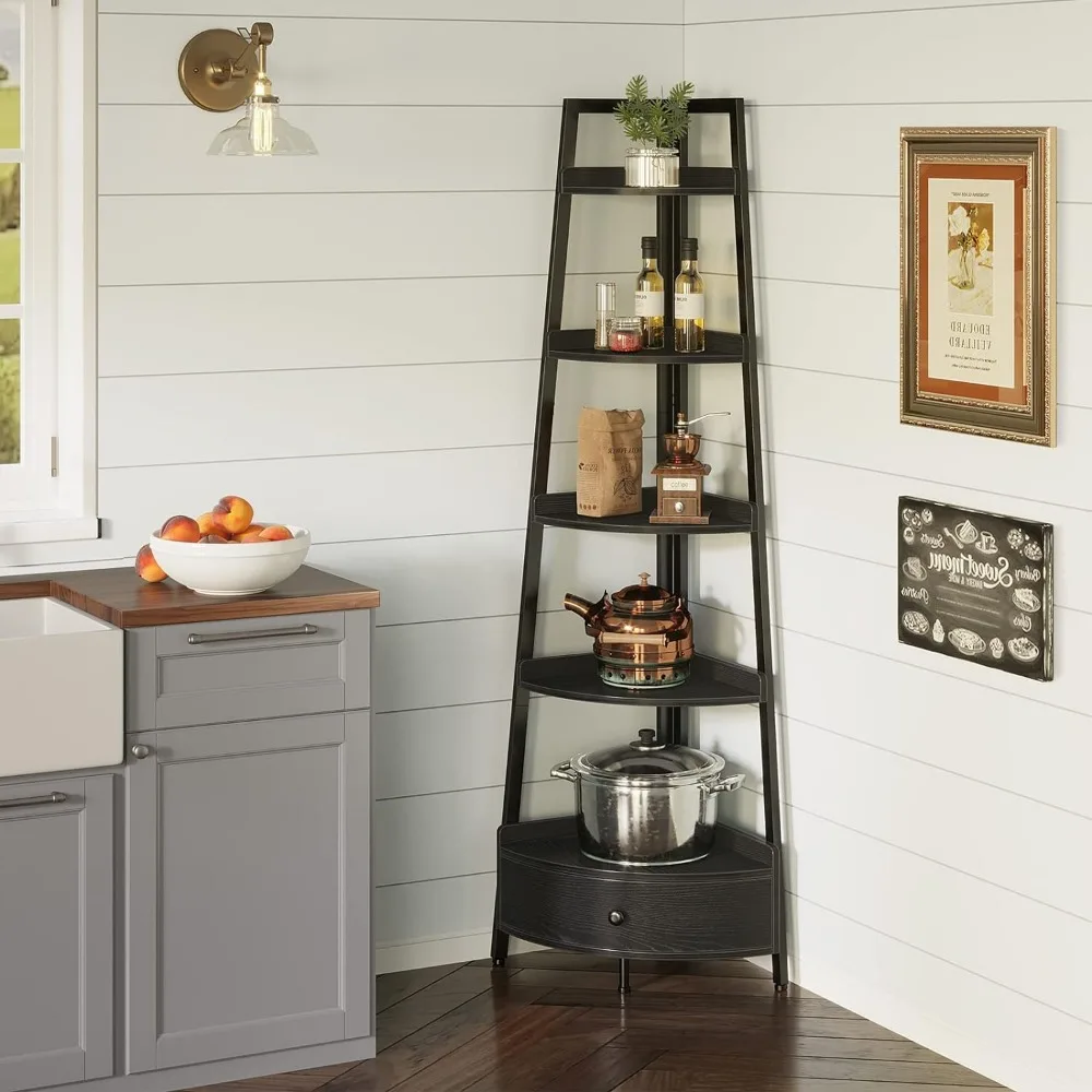 

Black Corner Bookcase Shelf 5-Tier Corner Bookshelf Kitchen Home Living Room Furniture