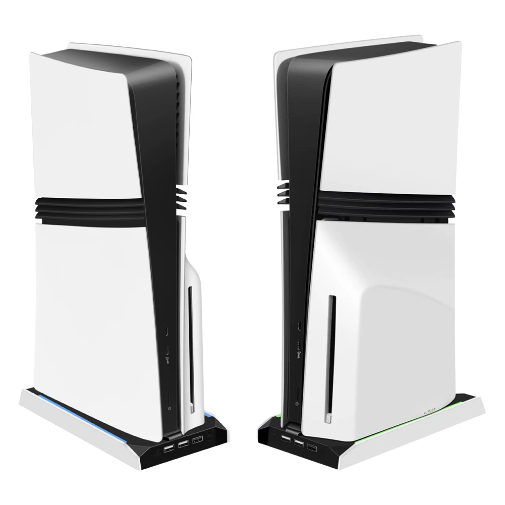 PS5 슬림/PS5 프로 RGB 수직 쿨링 스탠드 베이스 (3개 USB 2.0 포트, 8가지 조명 모드, 3단 속도 조절 쿨링 팬 포함)