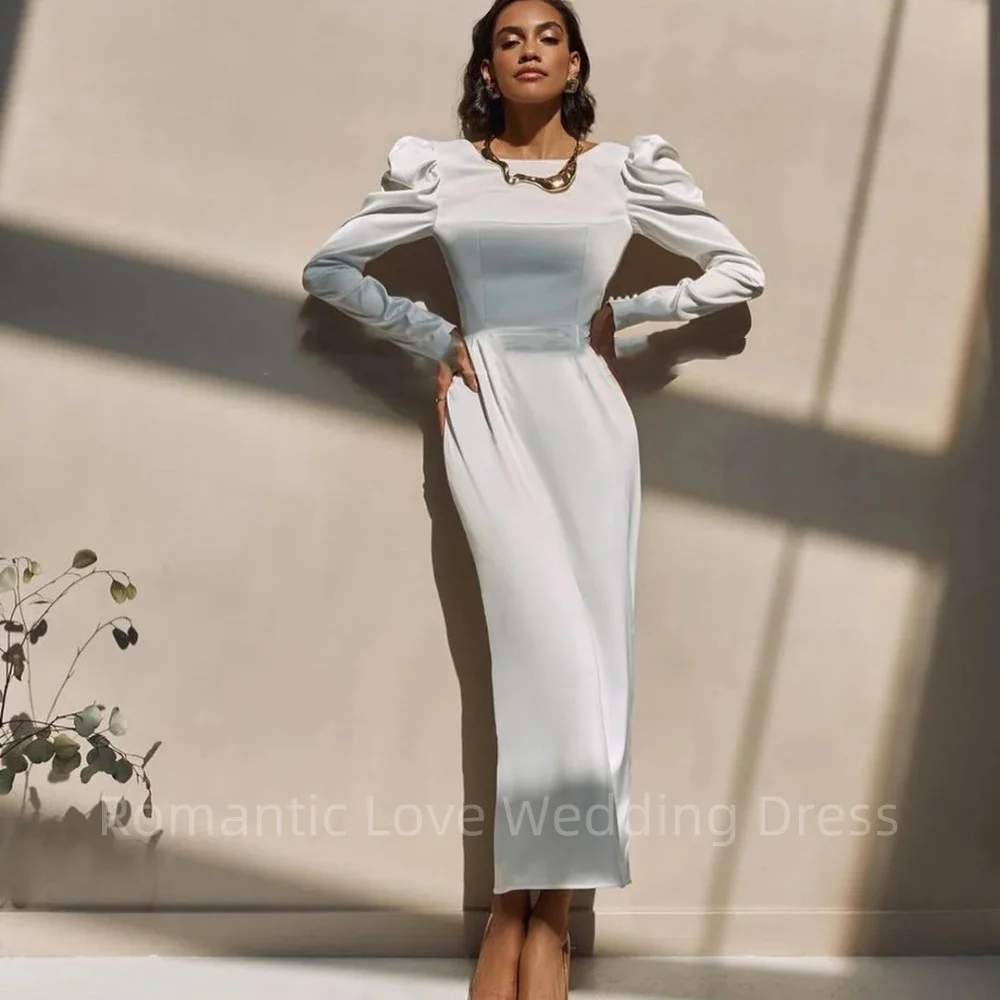 

Exquisite Simple Wedding Dresses For Woman Beach Long Sleeves O-Neck Open Back Ankle Length Bridal Gowns Satin Vestidos De Novia