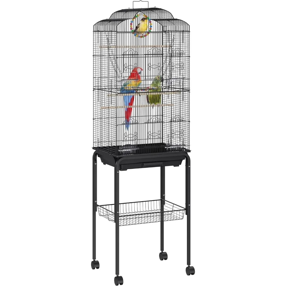 

60" H Rolling Metal Bird Cage with Slide-Out Tray and Hanging Toys, Black