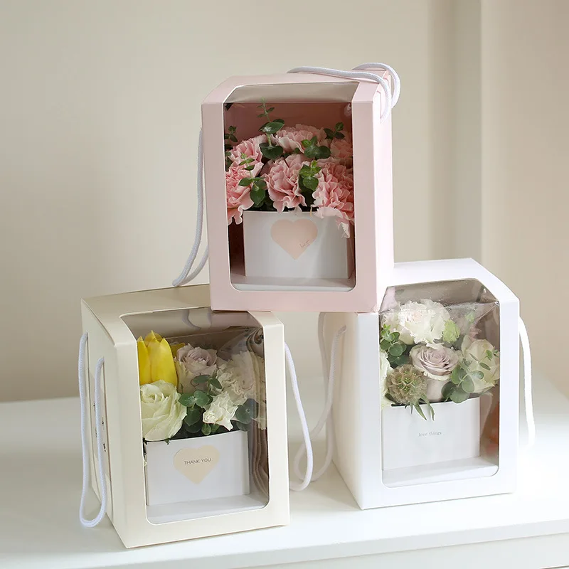 

5pcs Transparent Window Gift Boxes Portable Folding Flower Packaging Box For Wedding Birthday Rose Flower Bouquet Wrapping Box