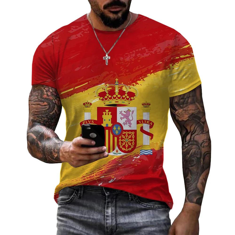 

Spanish Flag And National Emblem Retro New 3D Printed Street Fashion Hip Hop Men's Women's Short Sleeve Round Neck T-shirt Tops