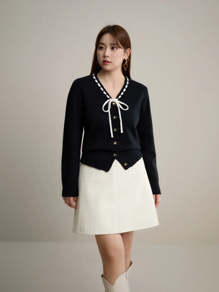 DUSHU 여성용 스위트 브이넥 레이스업 레드 스웨터, 부드러운 여성 스웨터 재킷, 템퍼러먼트 니트 블랙 카디건, 2023 겨울