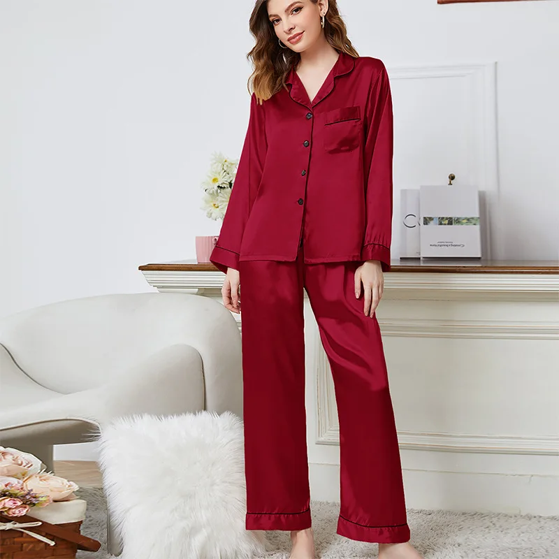 Like Silk Pajamas Set New Long Sleeve Pant Suit Female Sleepwear 2PC Nightgown For Women Spring Home Wear Loungewear Soft Pijama