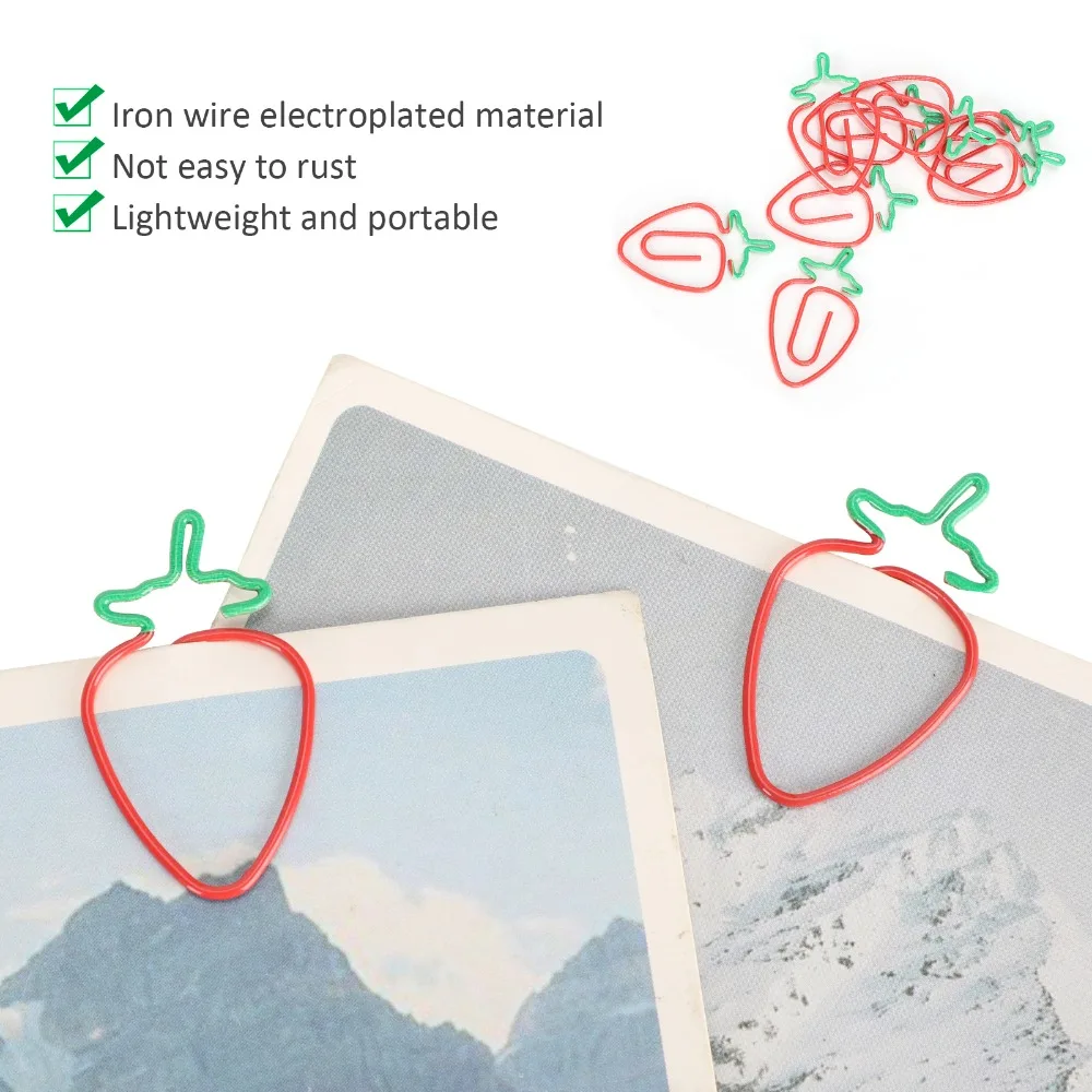 20개 플라스틱 2색 종이 클립 빨간색과 녹색 딸기 모양의 과일 모양 종이 클립 3*1.7cm 재미있는 디자인 사무용품