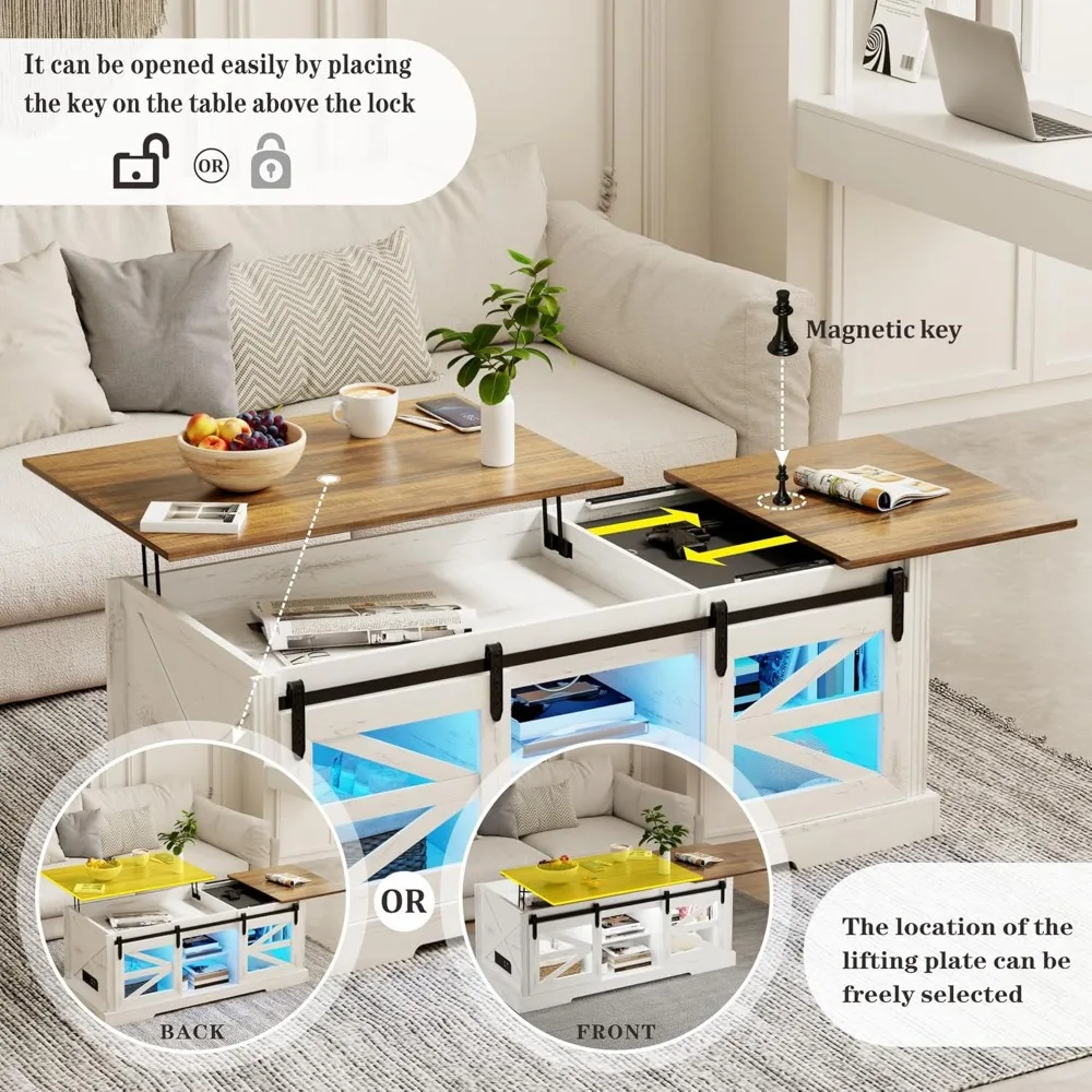 Lift Top Coffee Table with Gun Cabinet, 2 Sliding Barn Doors-Large Storage and 3 Color LED Lights fit, Café Tables 5