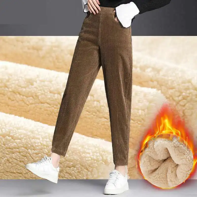 2021 New Women Pants Autumn Winter Corduroy Plush Thick Warm Long Pants High Waist Casual Loose Harem Trousers Pantalones women's snow pants