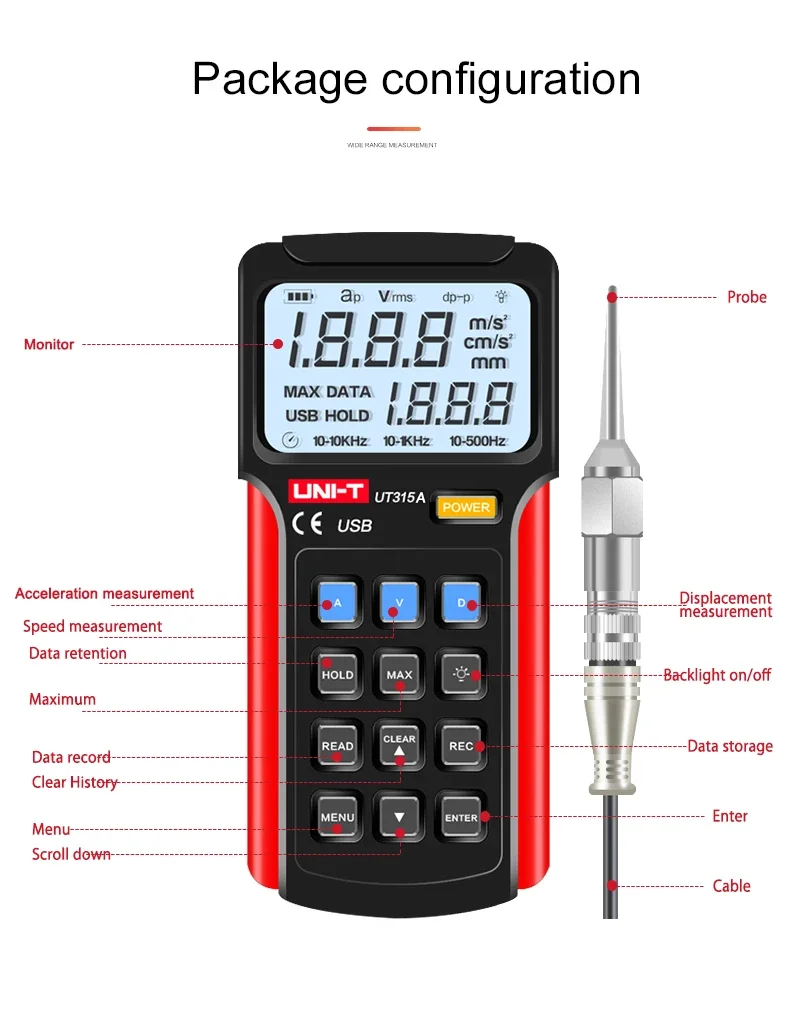 UNI-T UT315A Digital Vibration Testers Vibration Acceleration Velocity Displacement Measurement USB Connect PC Soft 5