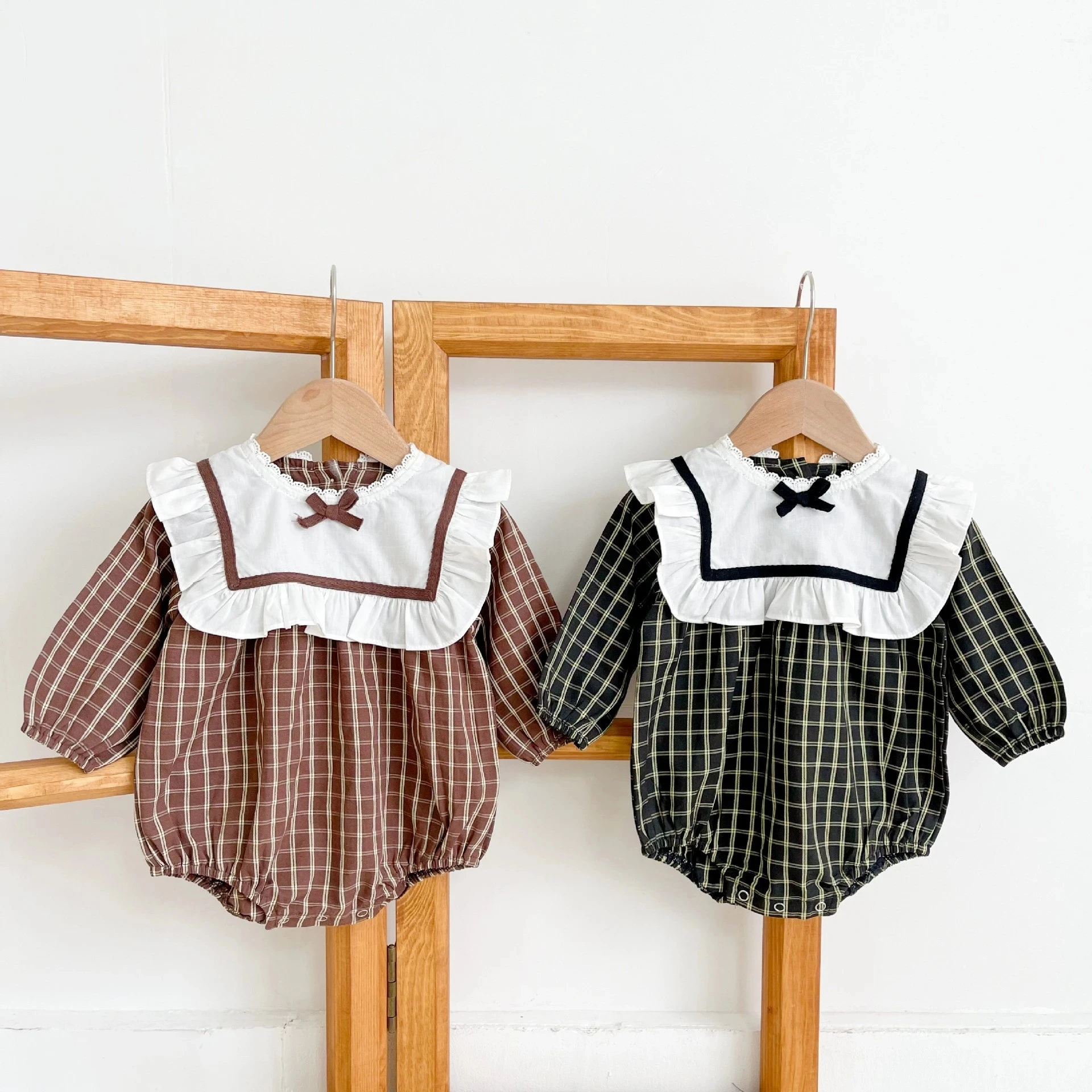 

Sailor Collar Bow Long Sleeves Bodysuit Kid Girls Spring College Style Plaid Jumpsuit Infant Toddler Loose Cotton Clothes Onesie