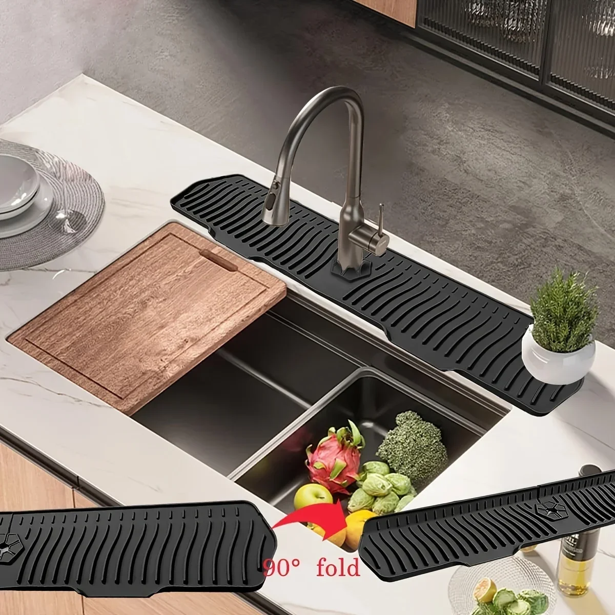 Siliconen afvoermat rond kraan, 2 stuks gootsteen spatbescherming, siliconen kraanmat met gootsteenbeschermer, gootsteen spatbakmat, flexibele kraanmat voor keuken, badkamer wastafel aanrecht