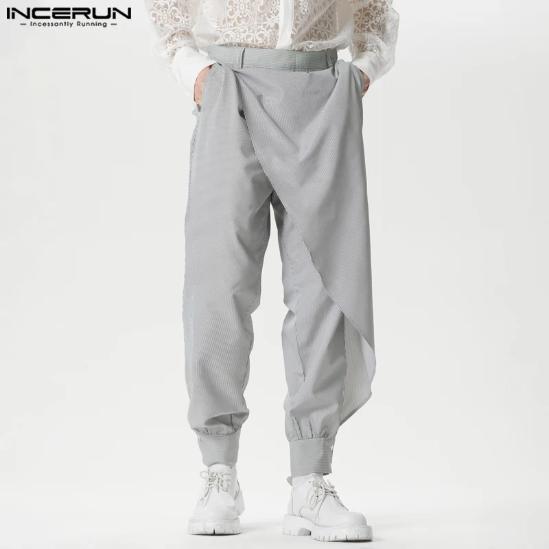 INCERUN 2024 American Style Trousers Men's Striped Patchwork Design Long Pants Leisure Street All-match Wide Leg Pantalons S-5XL