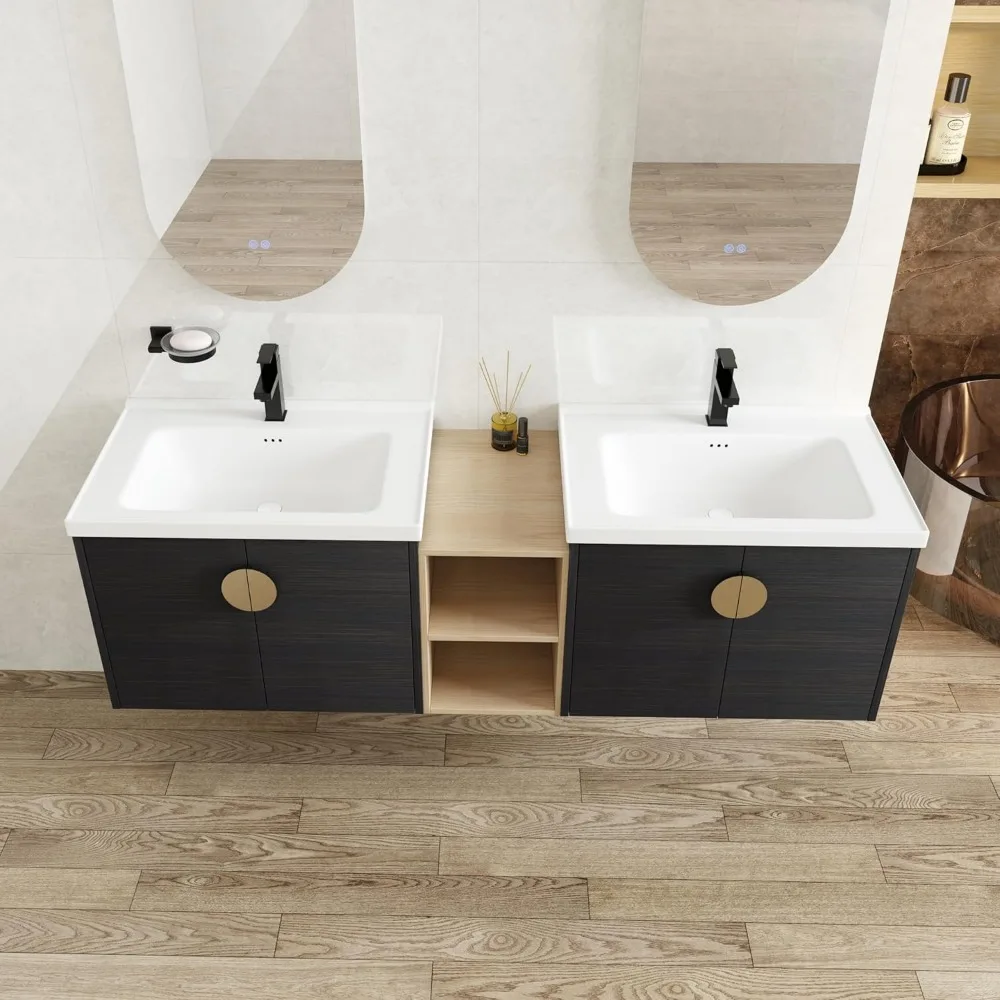 Double Sink Vanity Modern Wall Mounted Bathroom Vanity with Double Ceramic Sink Large Floating Bathroom Vanities Set 3