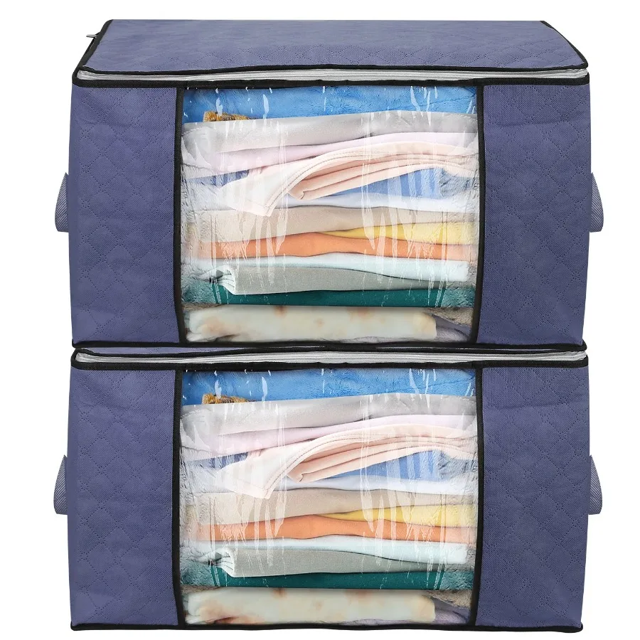 2 Pcs Clothes Storage Bag 90L Large Capacity Foldable Closet Organizer Thick Fabric Clear Window Dual-Zipper 2