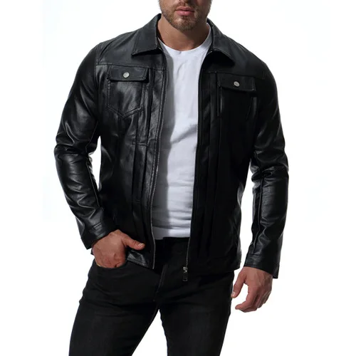 thumbnail image 1 of Chaqueta de motociclista de otoño lavable con agua y cuello vuelto, chaquetas de piel sintética negras, 1 of 5