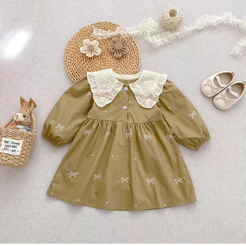 ربيع الخريف عقدة شعر للفتيات فستان 1-7 سنوات الأطفال طويلة الأكمام المطرزة دمية الرقبة فستان طفل أطفال القطن الخالص فساتين الأميرة