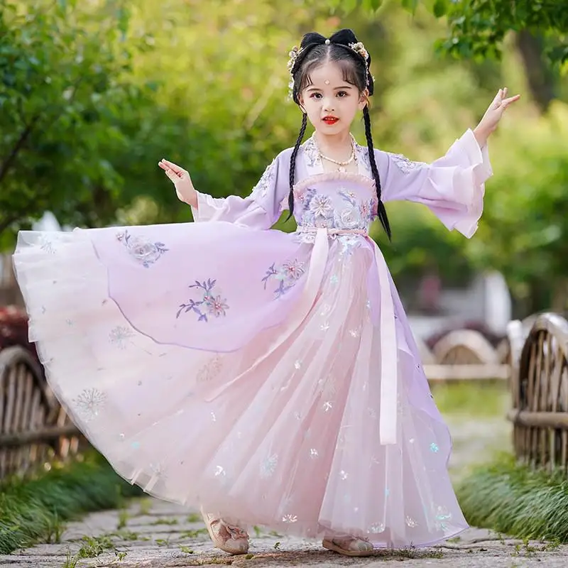 Abito Hanfu Bambina – Costume Tradizionale Cinese Dinastia Tang Con Maniche Ampie E Motivi Floreali, Per Carnevale E Recite