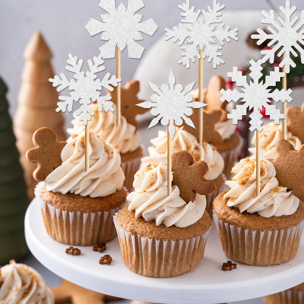 12 Pcs White Glitter Snowflake Cupcake Toppers - Winter Wonderland & Frozen Theme Birthday Cake Decorations, Paper & Toothpick - View #8