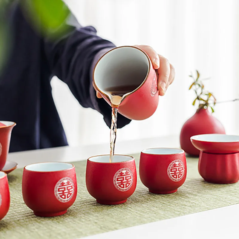 Ceramic Filter Tea Pot Set, Household Teapot and Cup Set, Chinese Style, Wedding Red Teaware, Housewarming Wedding Souvenir Gi
