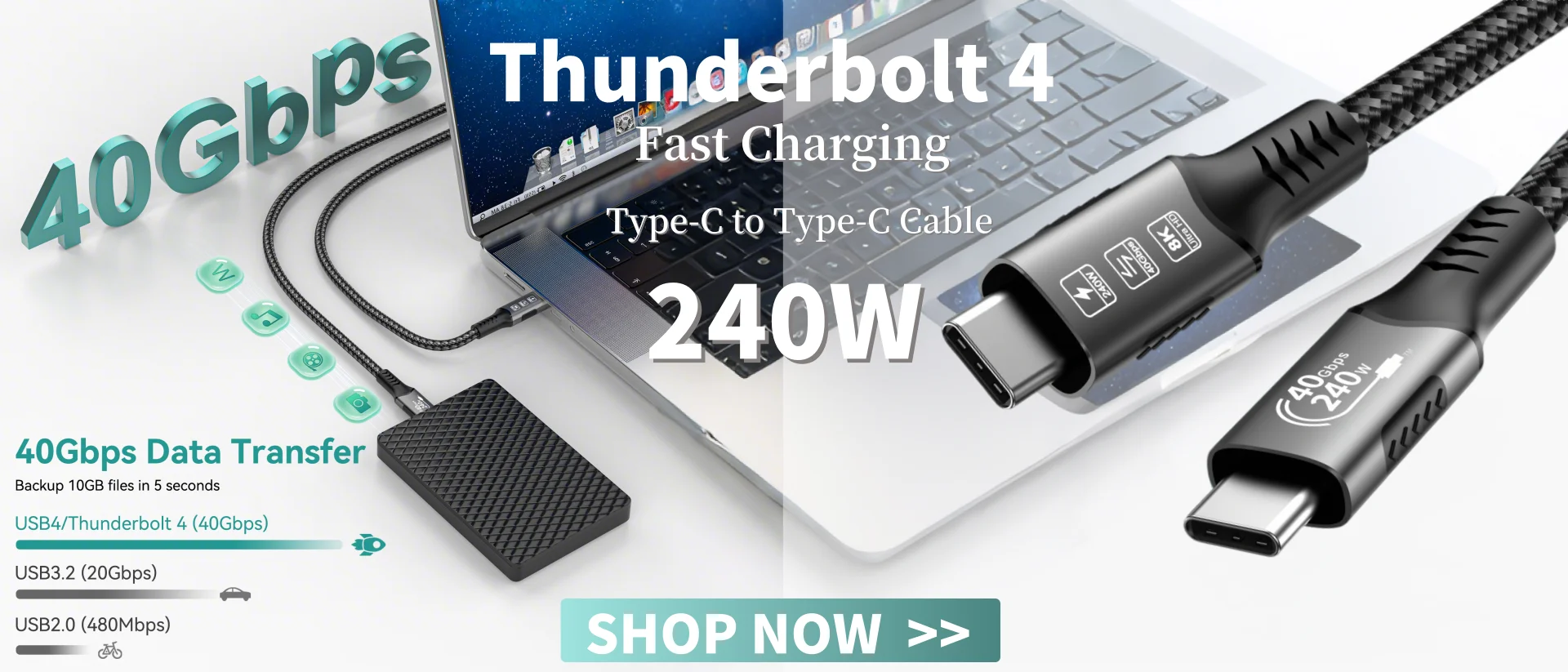 USB4 240 W USB C auf USB C-Kabel für Thunderbolt 4-Datenübertragung und Aufladen für MacBook Pro/Air Dell oder USB C-Monitor – Detail 1