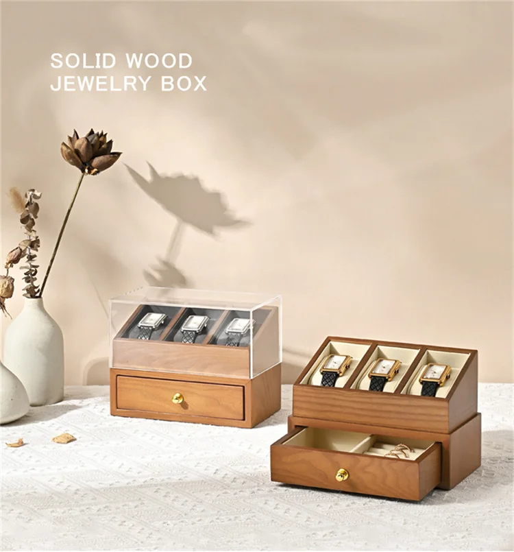 Oirlv 3 Grids Solid Wood Watch Box For Ring Necklace Watch Holder Storage Case With Drawer Jewelry Organizer Box Watch Display