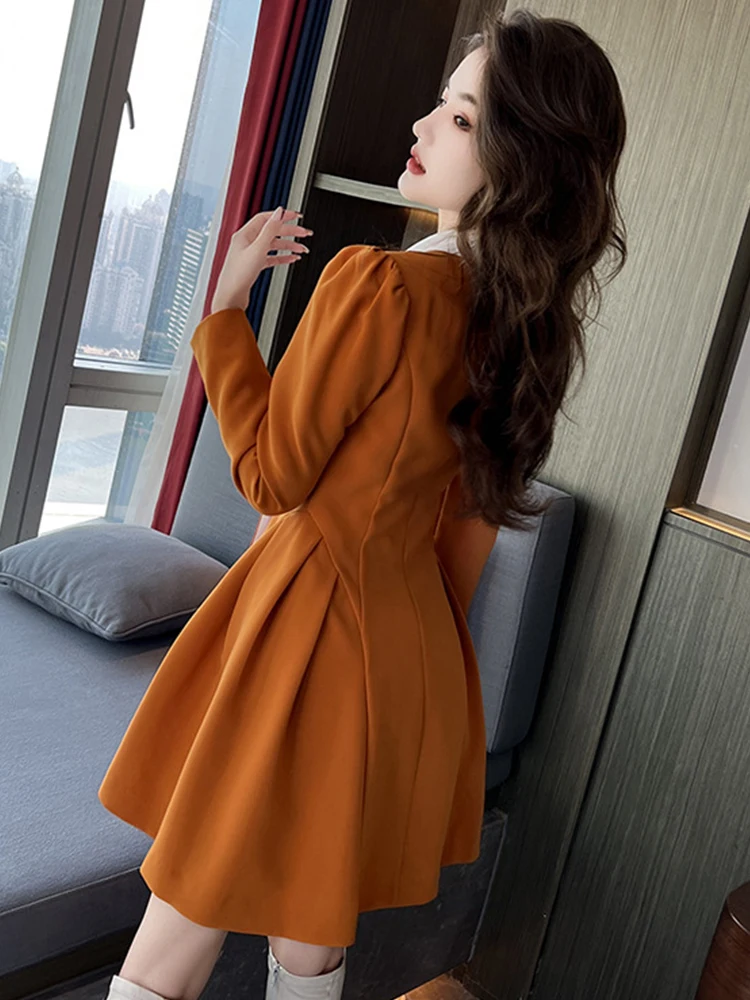 French Cute Mini Dresses for Women Retro Yellow White Panelled