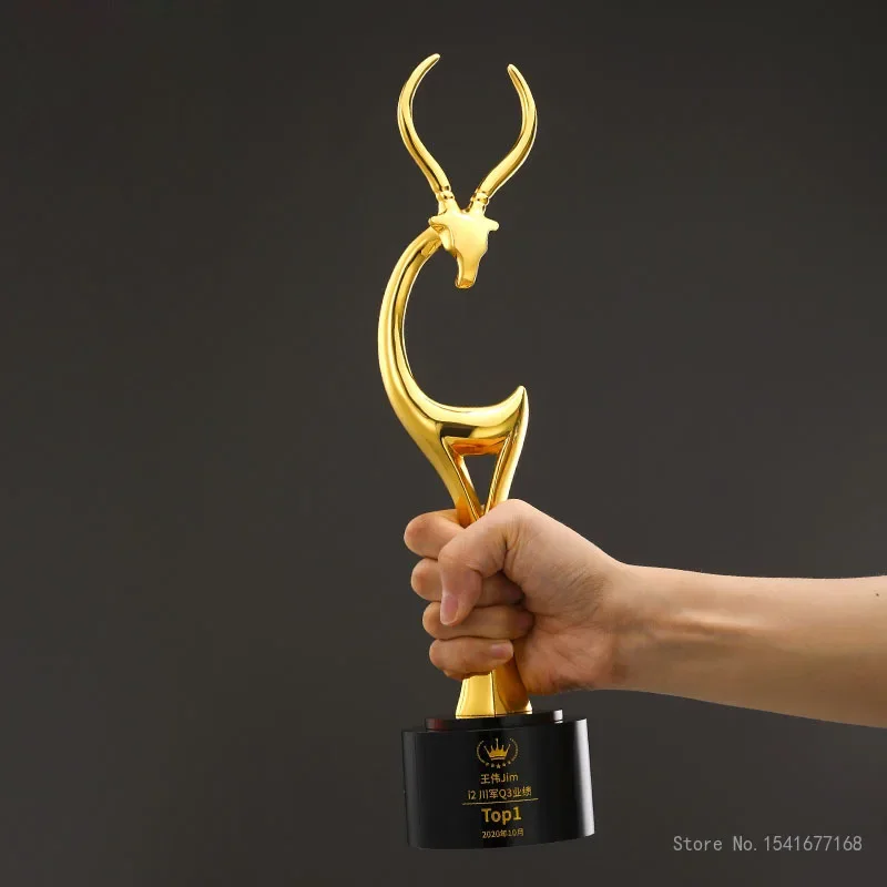 Customized Gold-Plated Metal Trophy, Crystal Base Engraved, Outstanding Employee Award Souvenirs, Home Decoration, High-end, 1pc