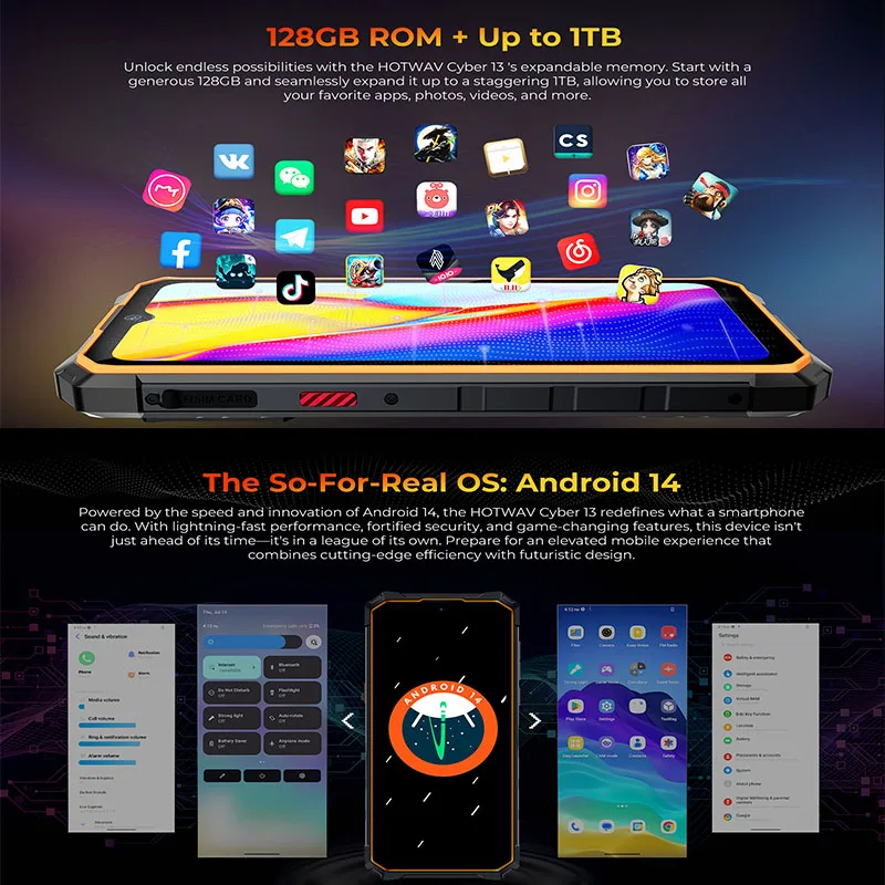 NEW Hotwav Cyber 13 Smartphone Android 14 8GB+128GB 10800mAh Smartphone 16MP+64MP Camera Camping Light 6.6" HD NFC Cellphones 5