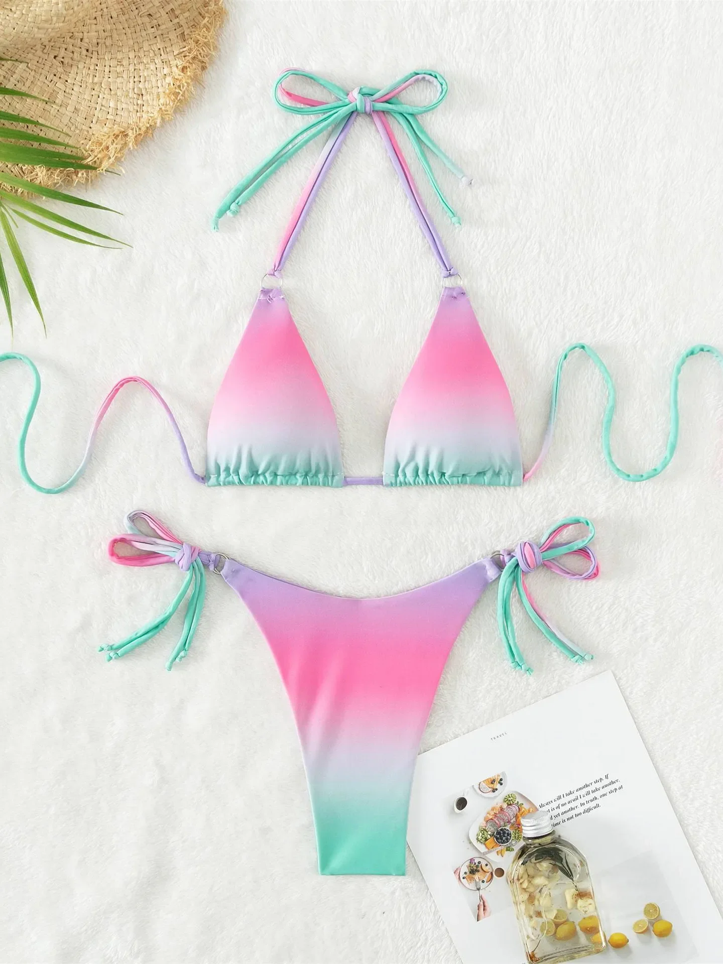 Sexy Micro Bikini 2024 Women Pink Gradient Push Up Bikinis Sets Biquini Ribbed Bathing Suit Tie Side Triangle Swimwear Beachwear