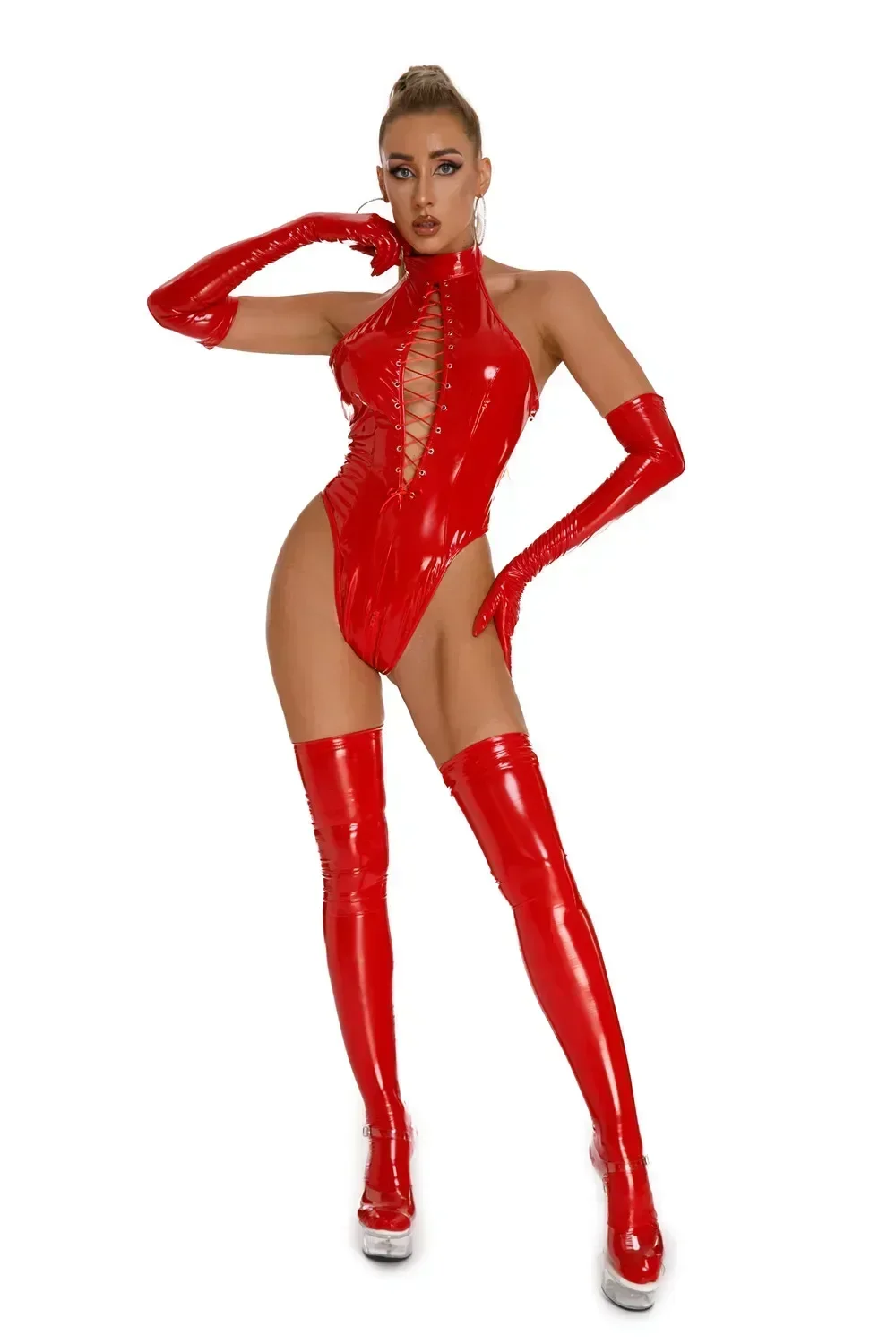 Sexy PU Leather Bodysuit Women Erotic Skinny Wetlook Latex Lingerie Porno Zipper Open Crotch Leotard Crotchless