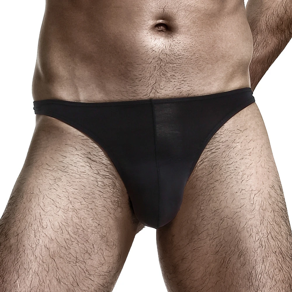 

Sexy Men's Underwear Solid Color Low Waist Big Pouch Panties Ice Silk Seamless Thong T-Back Underpant Bare Buttocks Undies