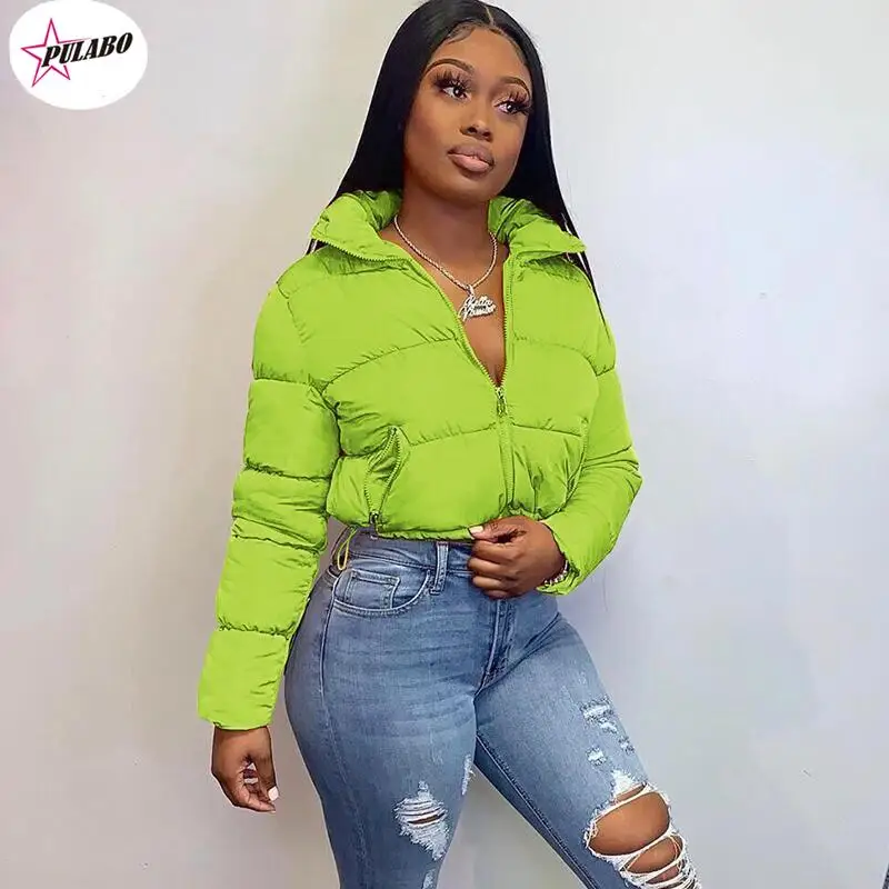 

Fall Winter Women Casual Solid High Collar Long Sleeve Tops Zipper Short Puffer Coat Fashion Female Jacket Streetwear