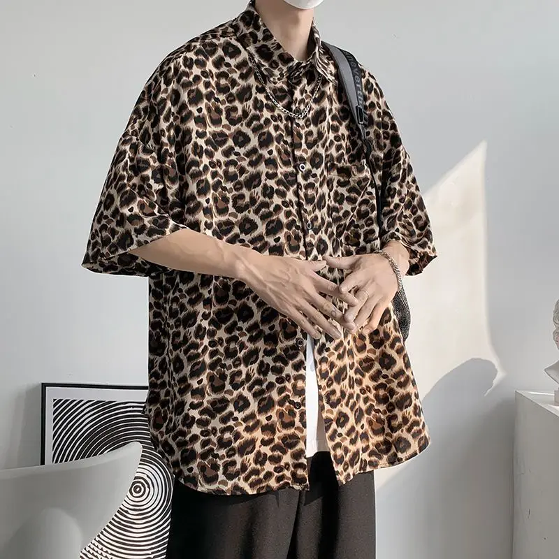 Fashion Casual Streetwear Korean Leopard Loose Button Handsome Shirts Spring Summer Thin Men's Clothing Turn-down Collar Tops