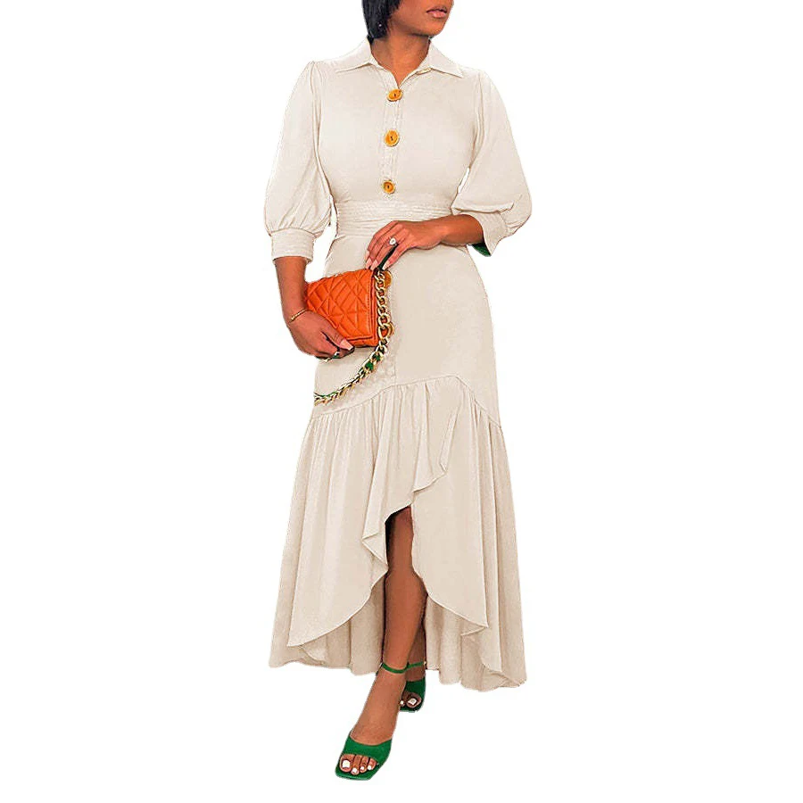 

African Mermaid Dress Women Puff 3/4 Sleeve Empire Robe Autumn New Fashion Solid Streetwear Elegant African Dress Vestidos 2023