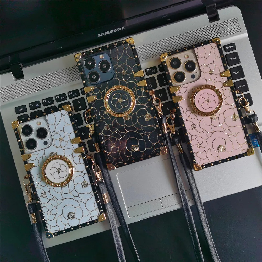 Luxury Rose Flower Glitter Gold Line Stripe Cover Custodia Quadrata Per Cordino Per Motorola Moto One 5G Ace G Power G Stylus G Play Pure