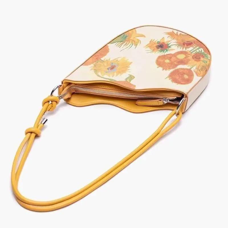 Retro Sunflower Rope Knot Shoulder Bags Women Yellow Oil Painting Leather Wave Edge Handbag Ladies Fashion Niche Underarm Bag