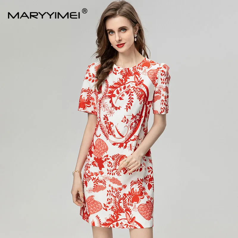 

MARYYIMEI Fashion Designer Summer Women's Short Sleeve Breading Print Dress High Street Red White Temperament Dresses